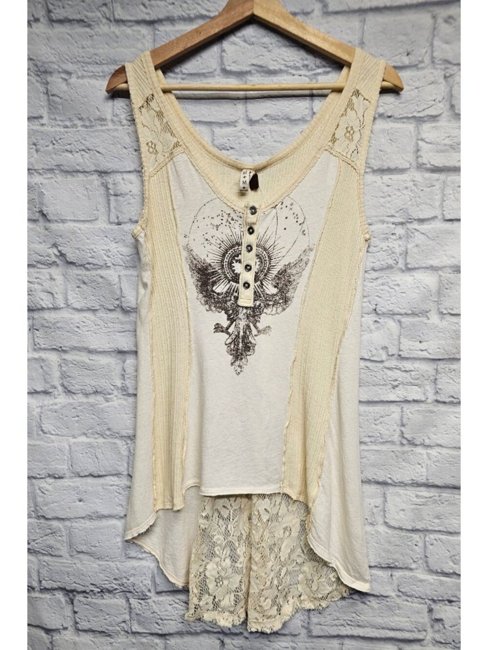 FREE PEOPLE M IVORY RISING PHOENIX LACE HENLEY BUTTON DISTRESSES BOHO TANK TOP